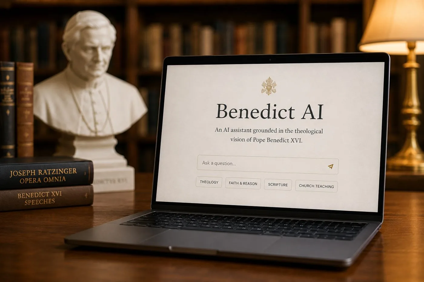 Benedict AI displayed on a laptop in a theological library