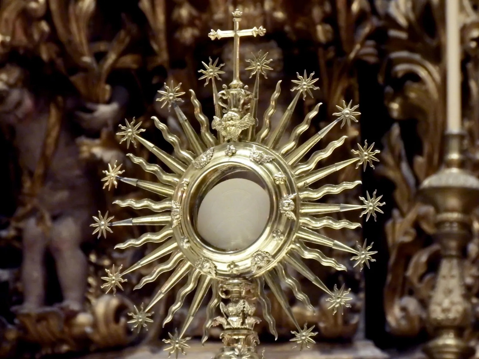 Close-up of a golden Eucharistic monstrance