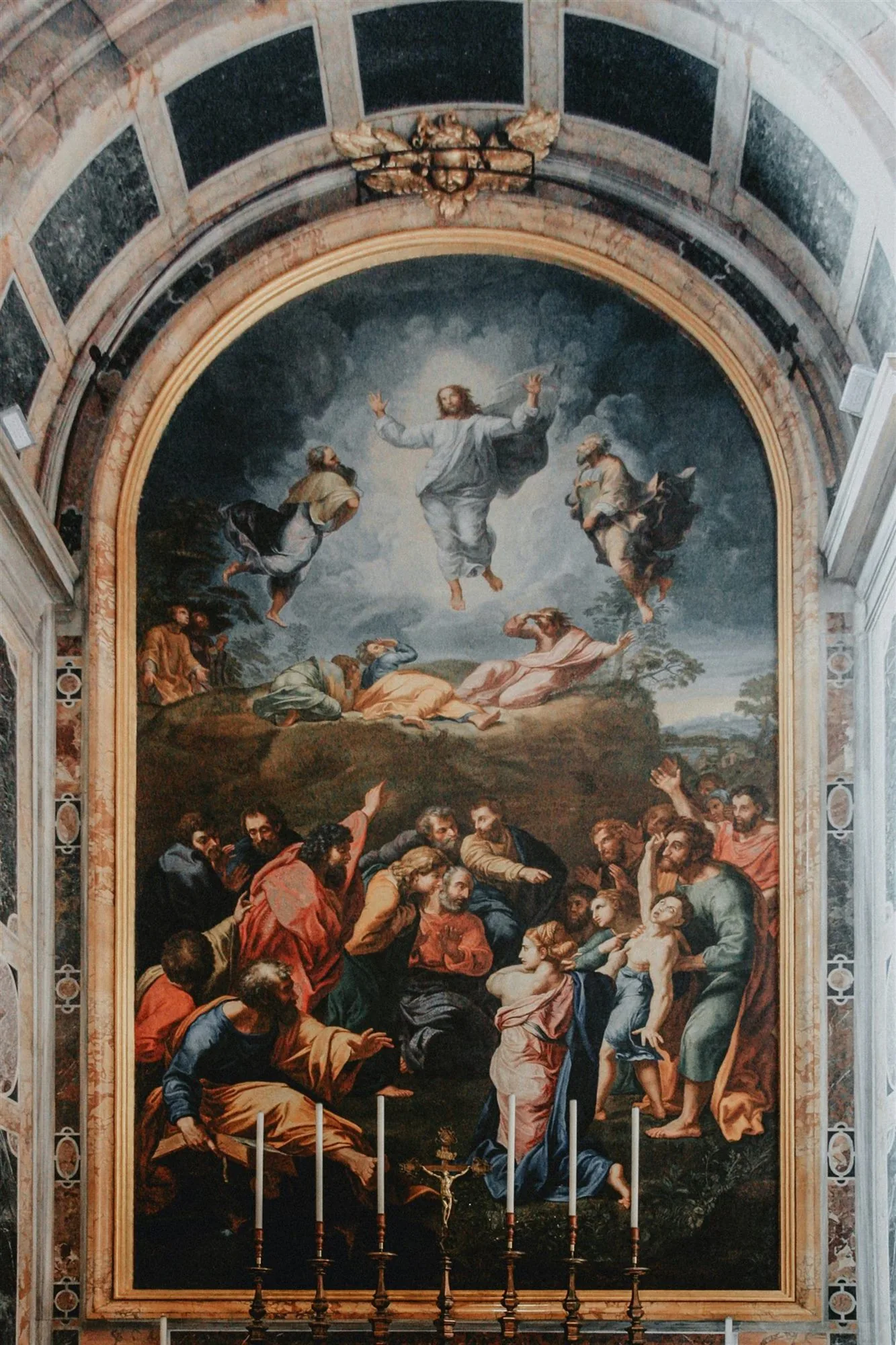 Sacred artwork depicting the Transfiguration of Christ and scenes from his ministry